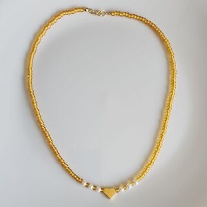 Gold Beaded Heart And Pearls Necklace